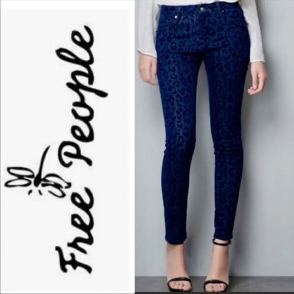 Free People Blue Cheetah Print Pants Mob Wife Animal Print Festival Boho